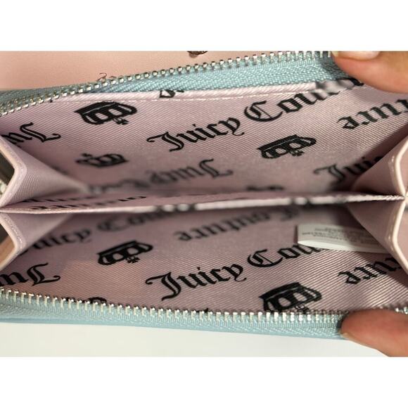 Juicy Couture Wallet Denim Rhinestone JC Logo Zip Around Charm Bling Blue Y2K - Picture 4 of 7